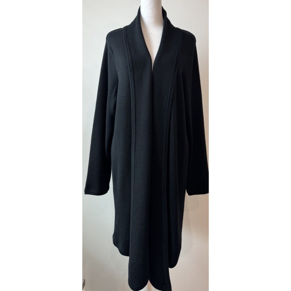 Dialogue Cardigan Womens Size L Black Open Front merino wool blend